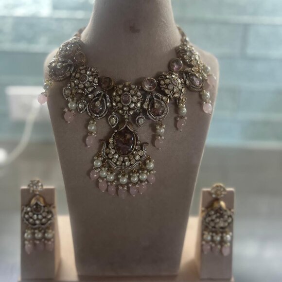 Kundan Polki Choker Necklace Set: Indian Bridal Jewelry with Pearl Drops - Picture 12 of 16